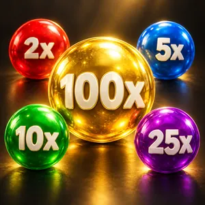 Sweet Bonanza bonus turunda üzerinde çarpan değeri yazan renkli küreler