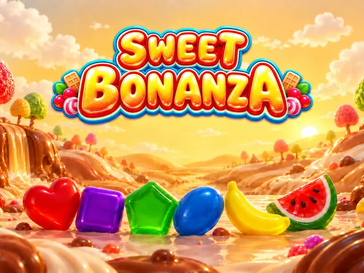 Altın sarısı gökyüzünün altında Sweet Bonanza yazısı, şeker ve meyve sembolleri